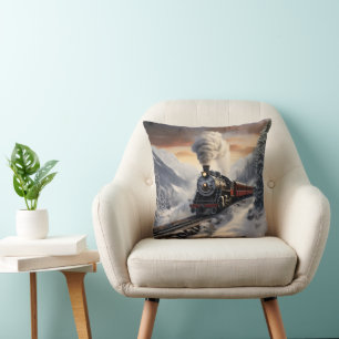 Train in Snowy Mountains Cushion