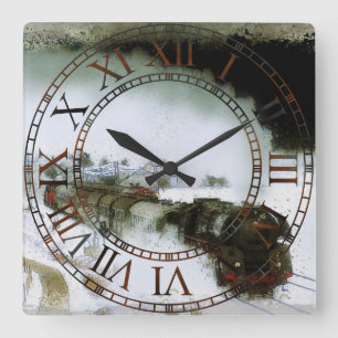 Train in the Deep of Trees - Vintage Steam Train S Square Wall Clock