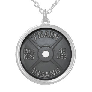 Train Insane (Barbell Plate) Workout Motivational Silver Plated Necklace