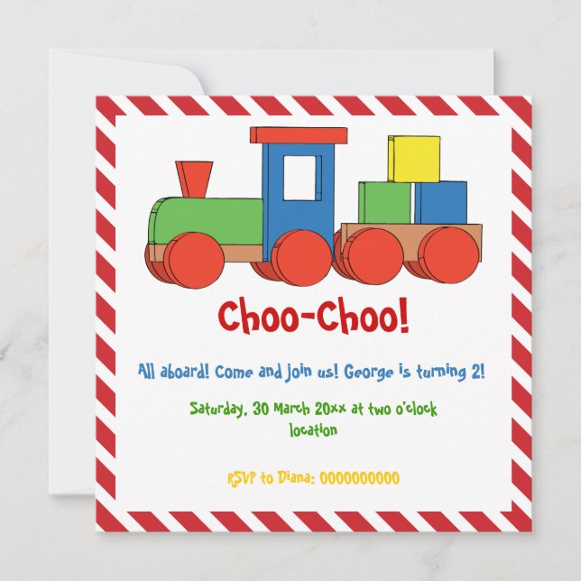 Train kids birthday red, white stripes invitation (Front)