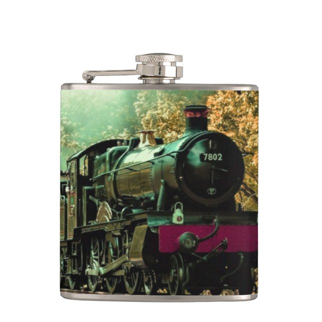Train Locomotive Retro Vintage Fall Leaves Hip Flask (Front)