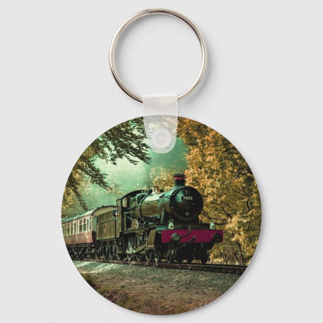 Train Locomotive Retro Vintage Fall Leaves Key Ring (Front)