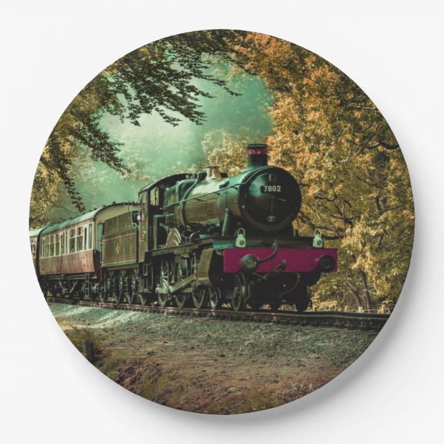 Train Locomotive Retro Vintage Fall Leaves Paper Plate (Front)