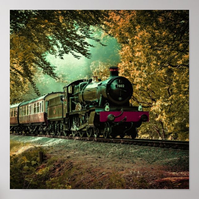 Train Locomotive Retro Vintage Fall Leaves Poster (Front)