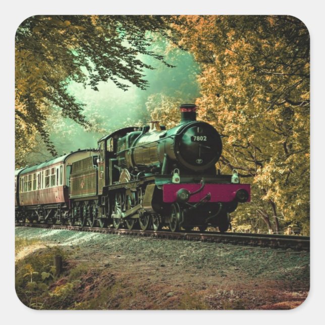Train Locomotive Retro Vintage Fall Leaves Square Sticker (Front)