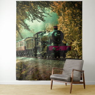 Train Locomotive Retro Vintage Fall Leaves Tapestry