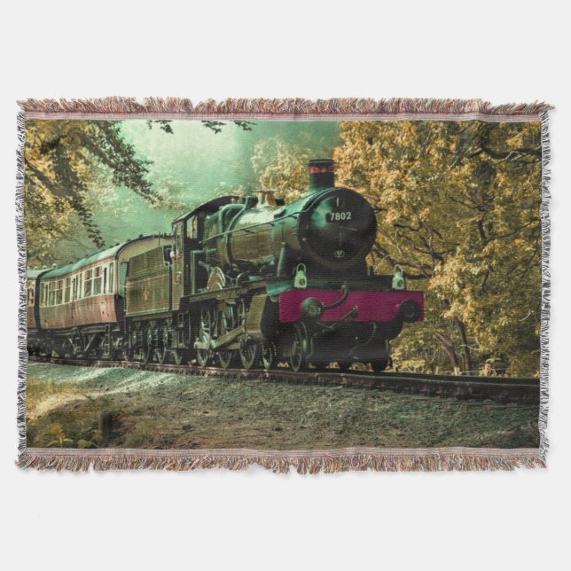 Train Locomotive Retro Vintage Fall Leaves Throw Blanket (Front)