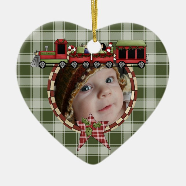 Train on Plaid Holiday Keepsake Ornament (Front)