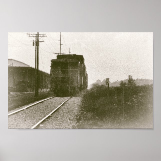 Train on Railroad Tracks Retro Locomotive Poster (Front)