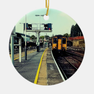 Train on the tracks ceramic tree decoration