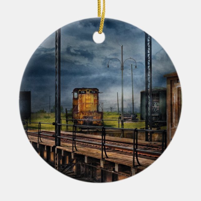 Train - On the turntable Ceramic Tree Decoration (Front)