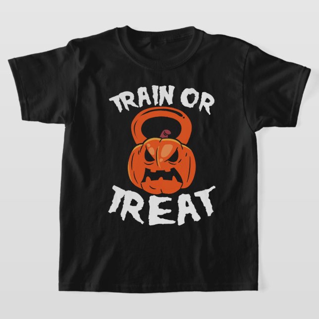 Train or Treat Halloween Kettlebell Workout Weight T-Shirt (Laydown)