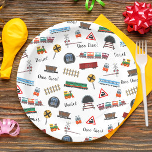 Train Pattern Boy Name Choo Choo Kids Birthday Paper Plate