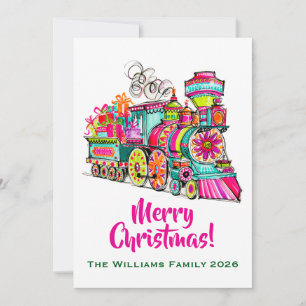 Train Pink Christmas Boho Holiday Card