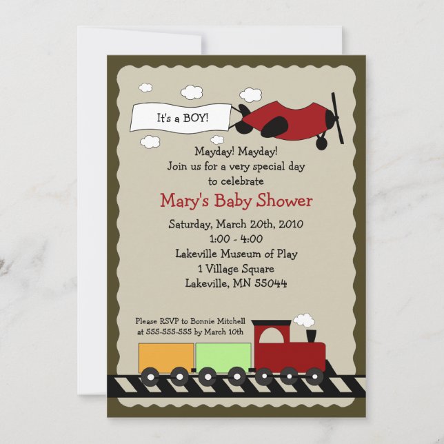 Train & Plane 5x7 cute boy Baby Shower invitation (Front)