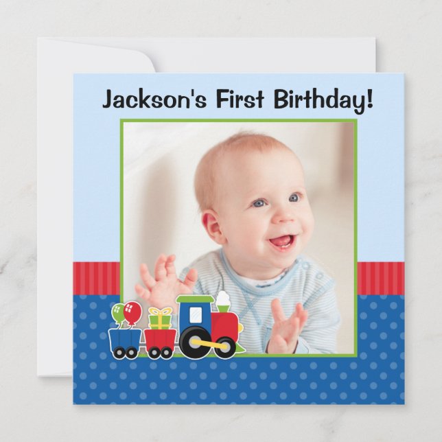 Train Polka Dot 1st Birthday Boy Photo Invitation (Front)