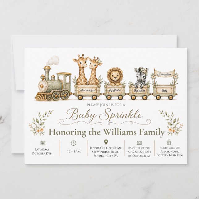 Train Safari Two Siblings Baby Sprinkle Invite (Front)