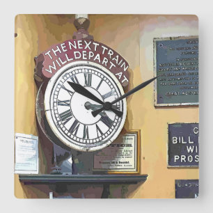 TRAIN STATIONS SQUARE WALL CLOCK