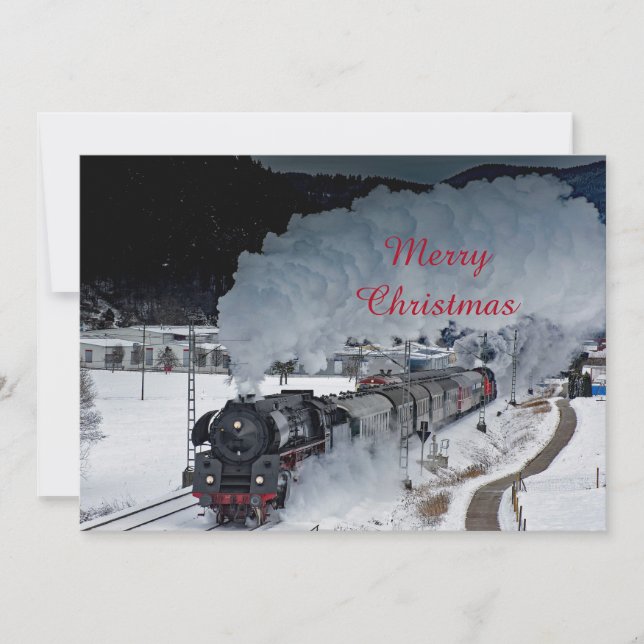 Train Steam Locomotive Snow Photo Christmas Flat Holiday Card (Front)