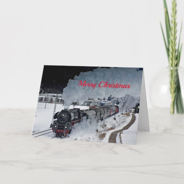 Train Steam Locomotive Snow Photo Christmas Holiday Card (Front)