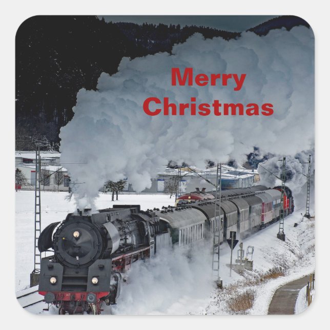 Train Steam Locomotive Snow Photo Christmas Square Sticker (Front)