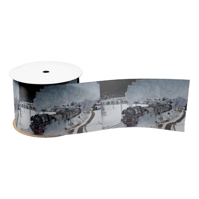 Train Steam Locomotive Snow Photo Satin Ribbon (Spool)