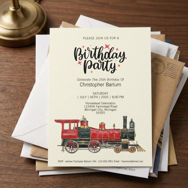 Train-Themed Please Join Us Birthday Party  Invitation (All aboard for a great birthday bash.)