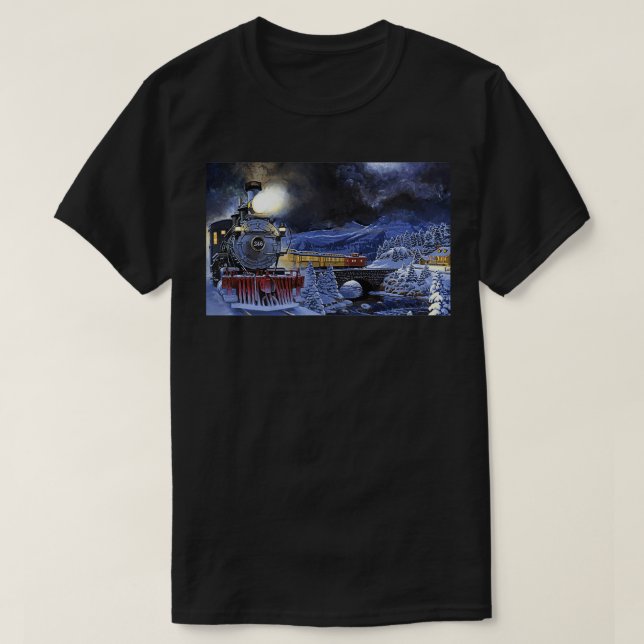 Train Through Winter Mountain Town T-Shirt (Design Front)