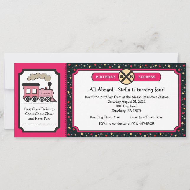 Train Ticket Birthday Party - Hot Pink and Back Invitation (Front)