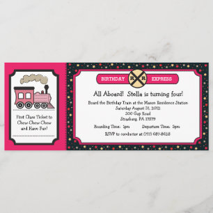 Train Ticket Birthday Party - Hot Pink and Back Invitation