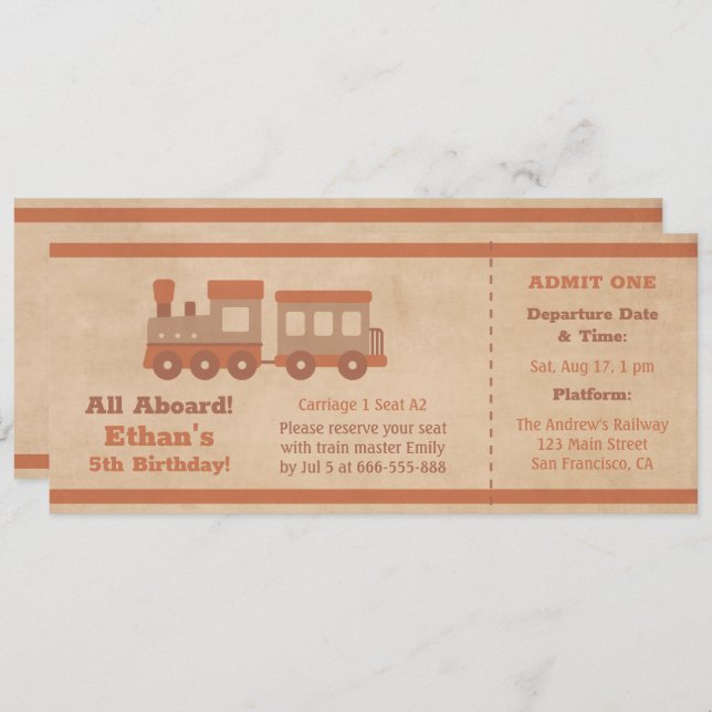 Train Ticket Boarding Pass Kids Birthday Invitation (Front/Back)