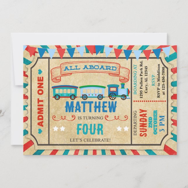Train ticket boy birthday invitation. invitation (Front)