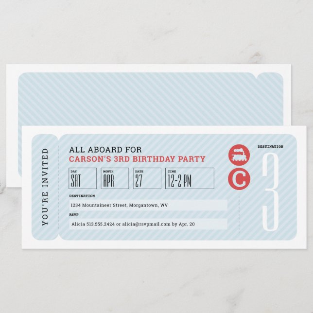 Train ticket children's birthday party invitation (Front/Back)