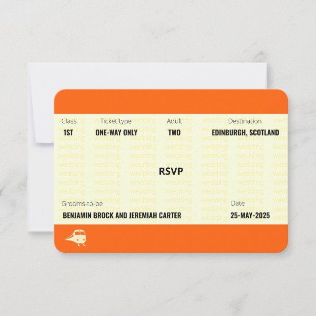 Train Ticket Inspired | Gay Wedding RSVP (Front)