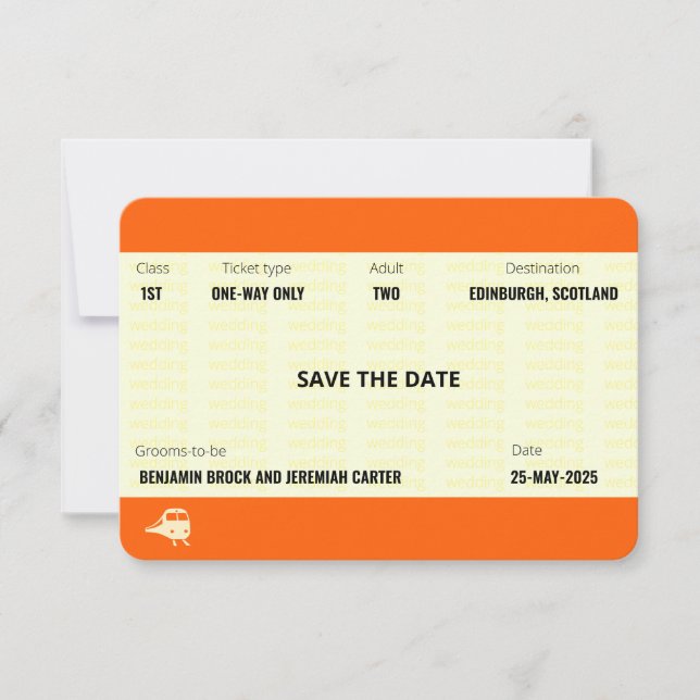 Train Ticket Inspired | Gay Wedding Save the Date Invitation (Front)