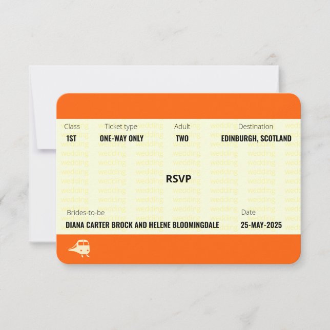 Train Ticket Inspired | LGBTQ+ Wedding RSVP Card (Front)