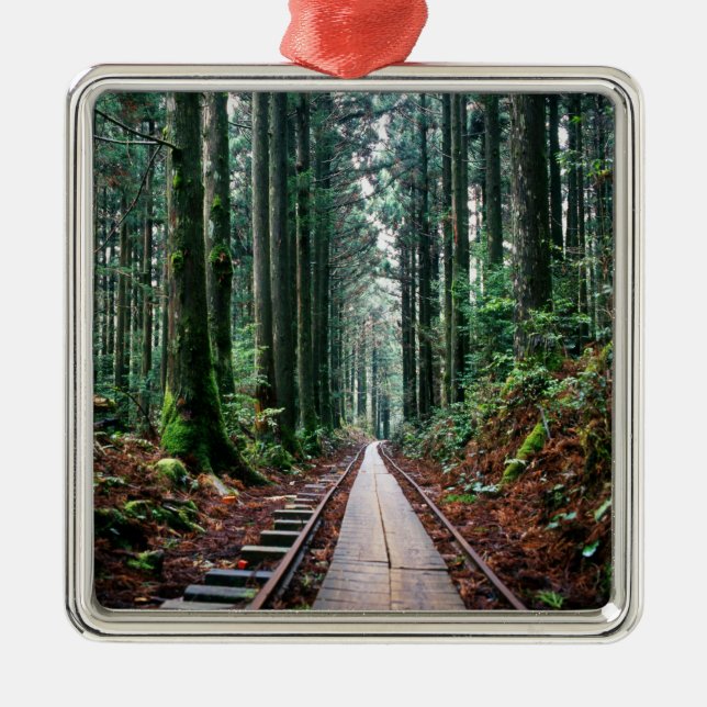Train Tracks in the Forest Metal Tree Decoration (Front)