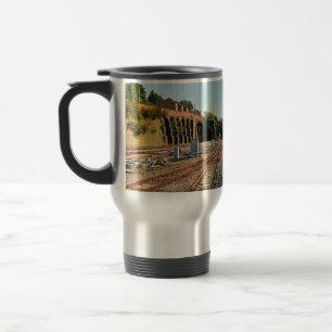 Train tracks travel mug