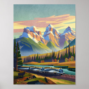 Train travelling through the Rocky mountains Poster