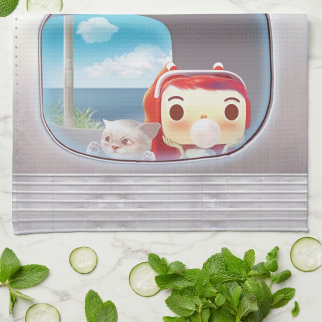 Train Trip with Cat Tea Towel (Folded)