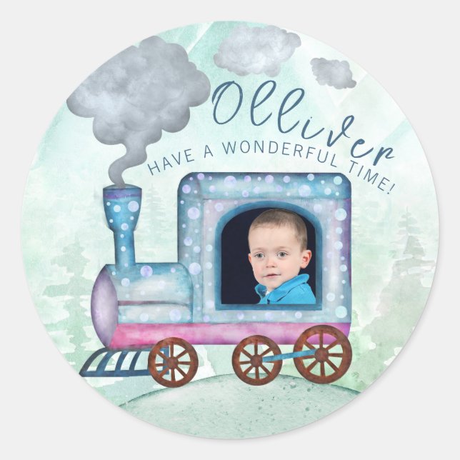 Train Water Colour Birthday photo Classic Round Sticker (Front)