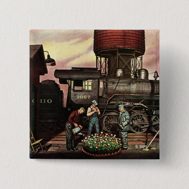 Train Yard Flower Garden by Stevan Dohanos 15 Cm Square Badge (Front)