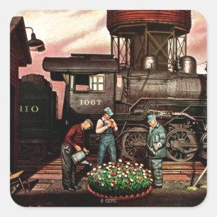 Train Yard Flower Garden by Stevan Dohanos Square Sticker
