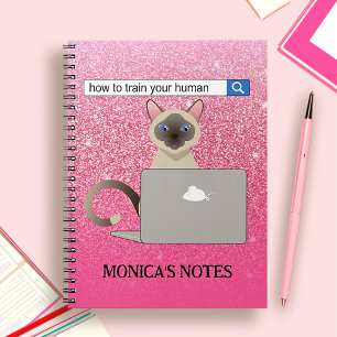 Train Your Human Funny Siamese Cat Pink Glitter Notebook