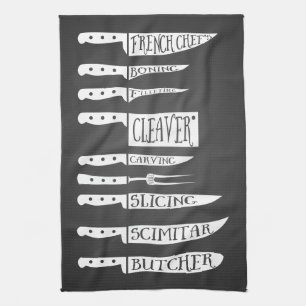trainee chef cook recipe knives butcher meat cuts tea towel