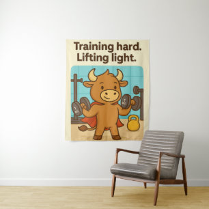 Training Hard, Lifting Light – Funny Bullio Gym Ta Tapestry