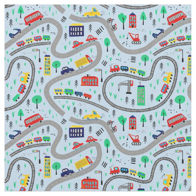 Trains Cars Bus Road Railroad Track on pale blue   Fabric (Close Up)