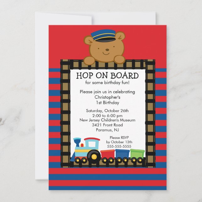 Trains Hop on Board Birthday Invitation (Front)