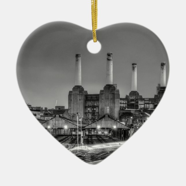 Trains pass Battersea Power Station, London Ceramic Tree Decoration (Front)
