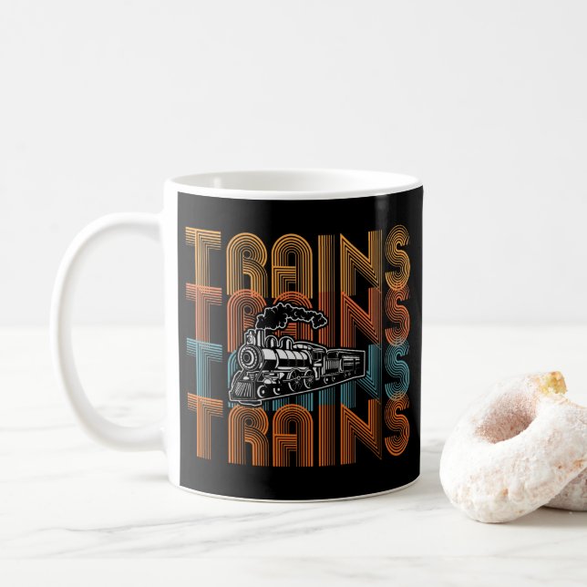 Trains Text Repeated , Steam Engine Railroad Train Coffee Mug (With Donut)